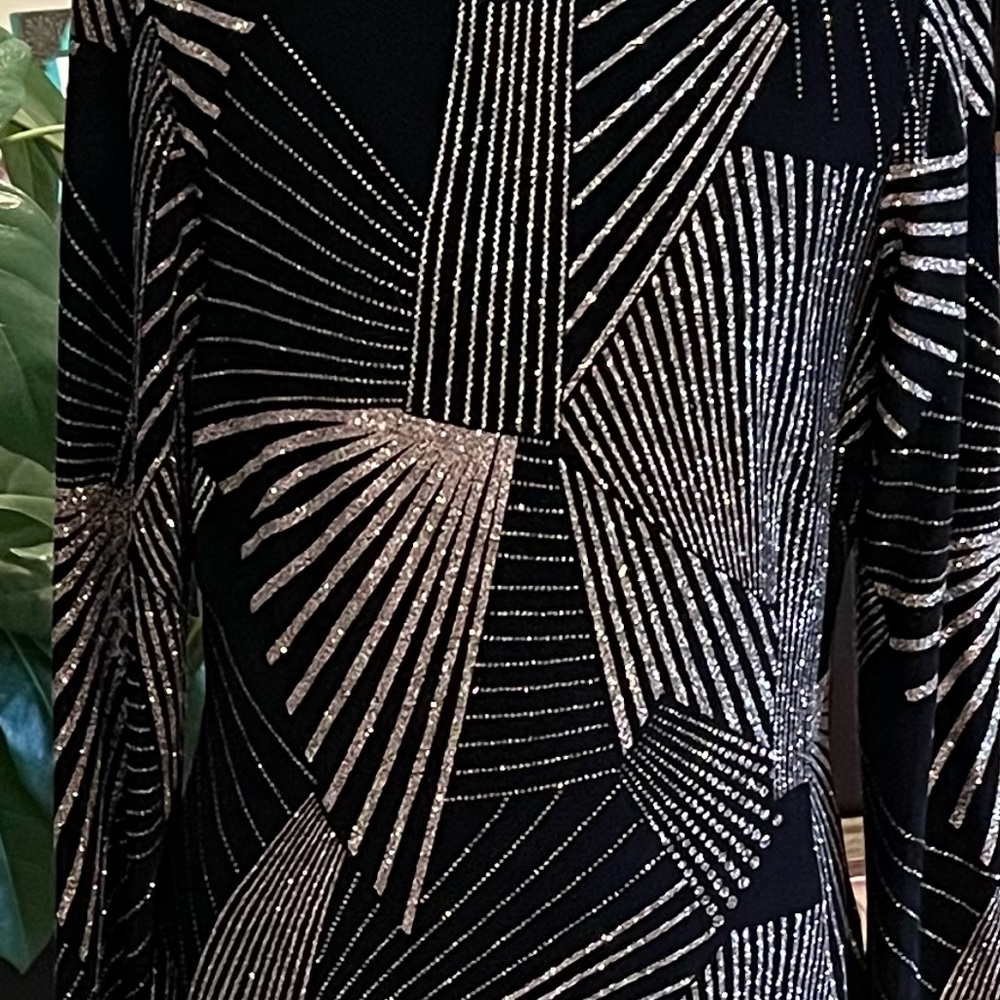 Betsy & Adam Black and White Sheath Dress with Bishop Sleeves